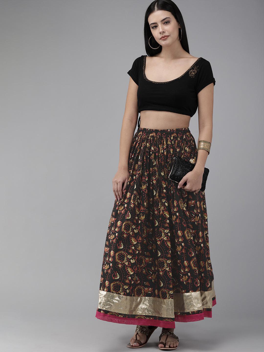 Black Hand Block Printed Long Cotton Skirt With Magzi Border - Geroo Jaipur