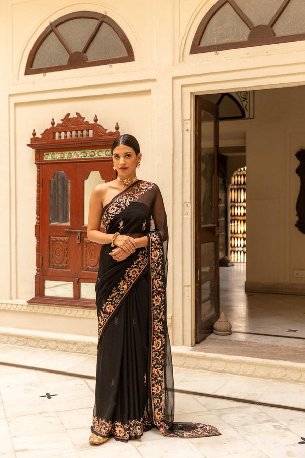 Black Hand Embroidered Chiffon Saree - Geroo Jaipur