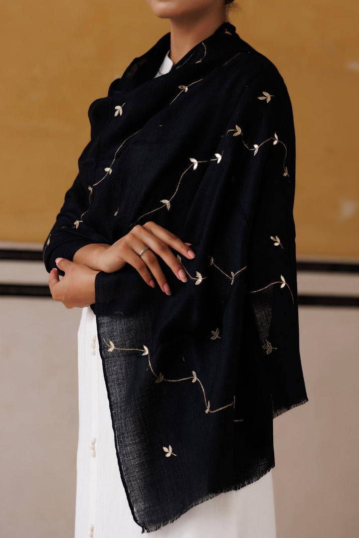 Black hand embroidered gota patti woolen shawl - Geroo Jaipur