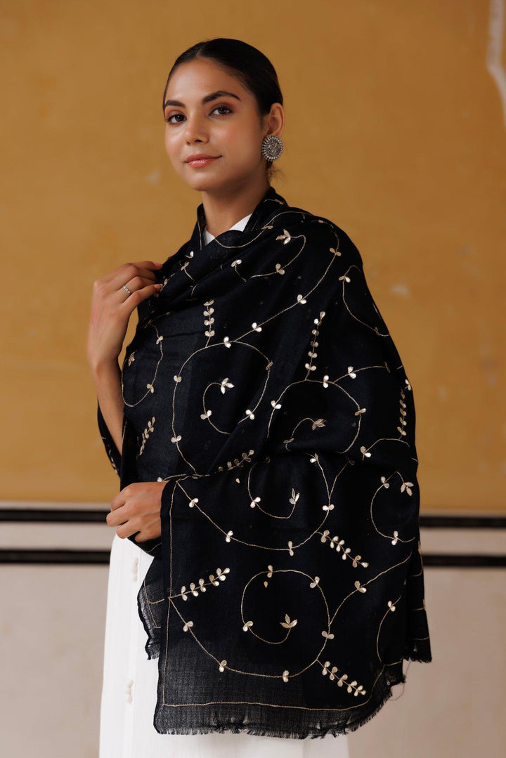 Black hand embroidered gota patti woolen shawl - Geroo Jaipur