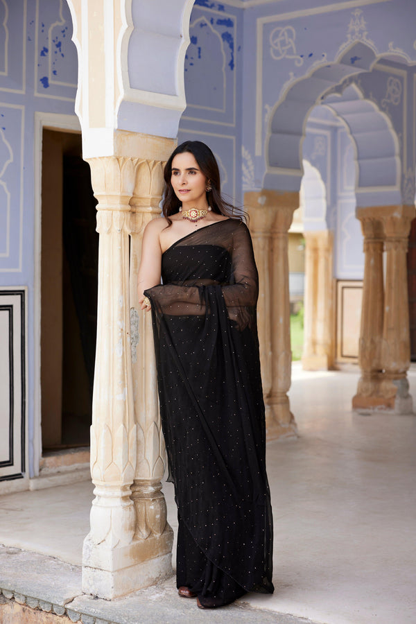 Black Hand Embroidered Mukaish Chiffon Saree - Geroo Jaipur