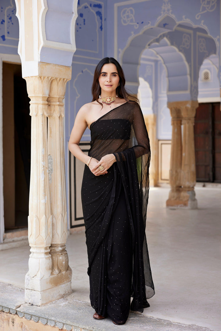 Black Hand Embroidered Mukaish Chiffon Saree - Geroo Jaipur