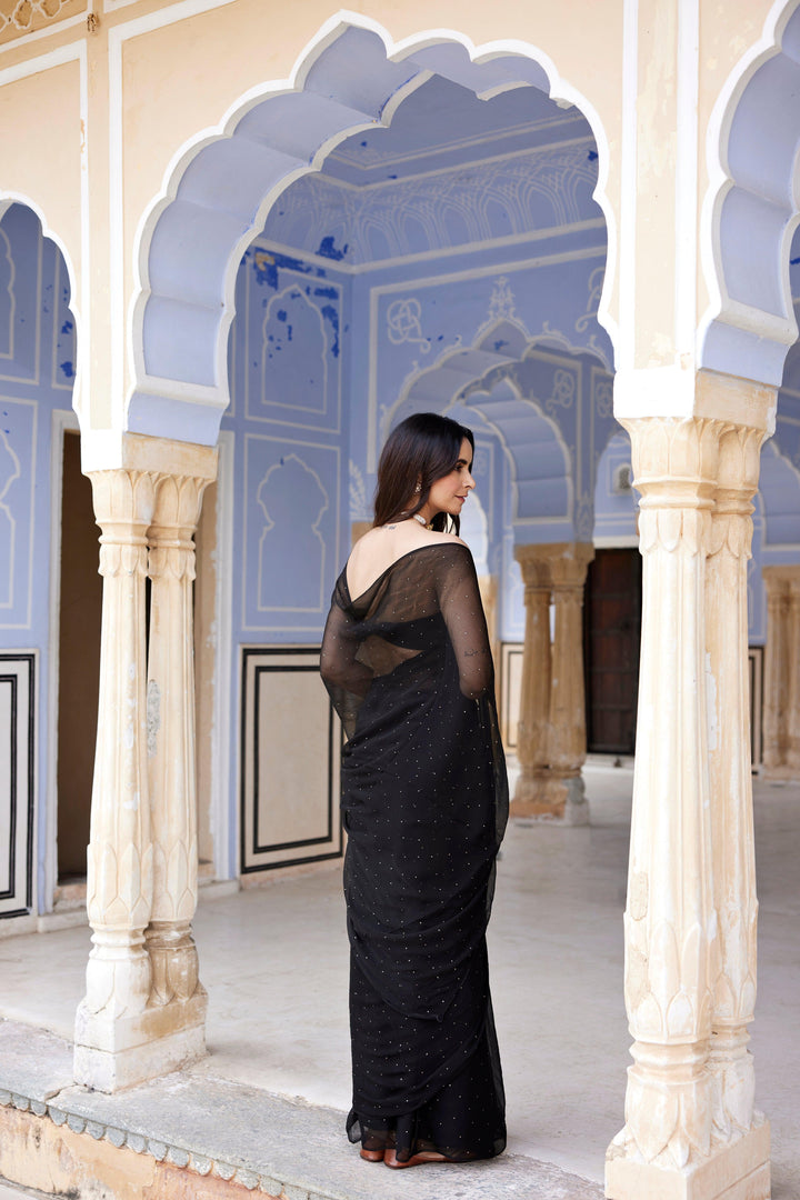 Black Hand Embroidered Mukaish Chiffon Saree - Geroo Jaipur