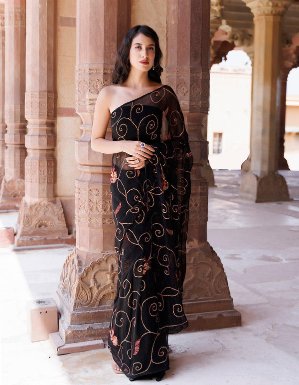 Black Hand embroidered sequins jaal chiffon saree - Geroo Jaipur