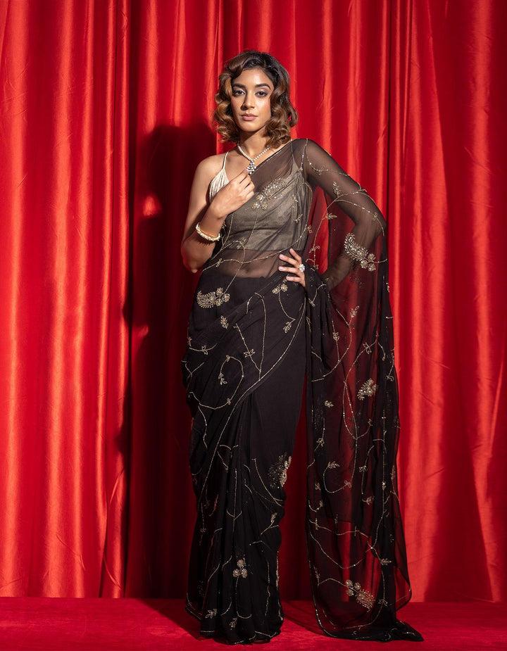 Black hand embroidered tube jaal chiffon saree - Geroo Jaipur