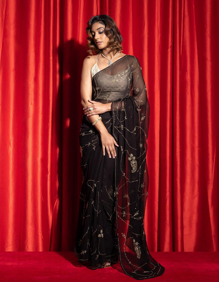 Black hand embroidered tube jaal chiffon saree - Geroo Jaipur