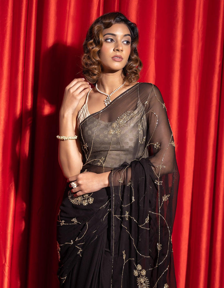 Black hand embroidered tube jaal chiffon saree - Geroo Jaipur