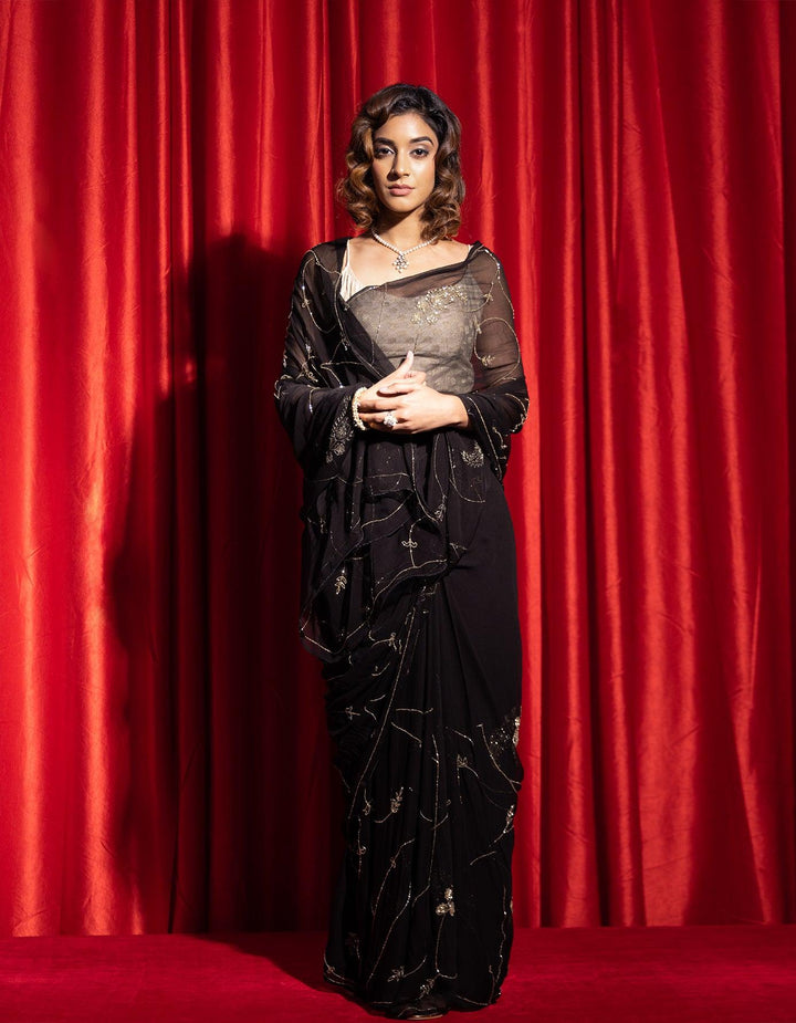 Black hand embroidered tube jaal chiffon saree - Geroo Jaipur