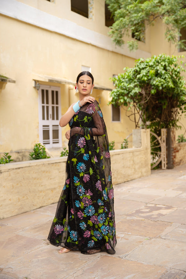 Black Hand Painted Mukaish Chiffon Saree - Geroo Jaipur