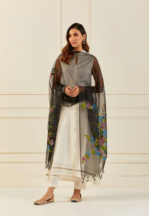 Black Hand-Painted Organza Dupatta With Tassels - Geroo Jaipur