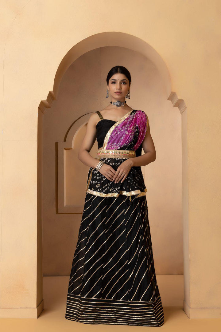 Black Handcrafted Gota Work Chanderi Lehenga Set - Geroo Jaipur