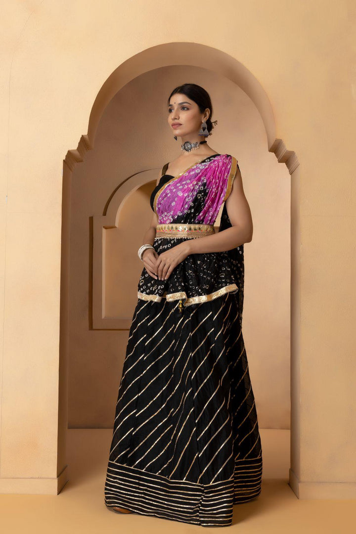 Black Handcrafted Gota Work Chanderi Lehenga Set - Geroo Jaipur