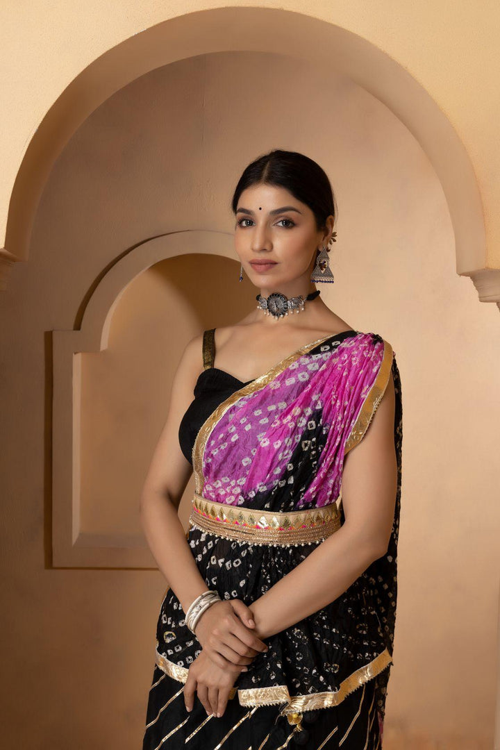 Black Handcrafted Gota Work Chanderi Lehenga Set - Geroo Jaipur