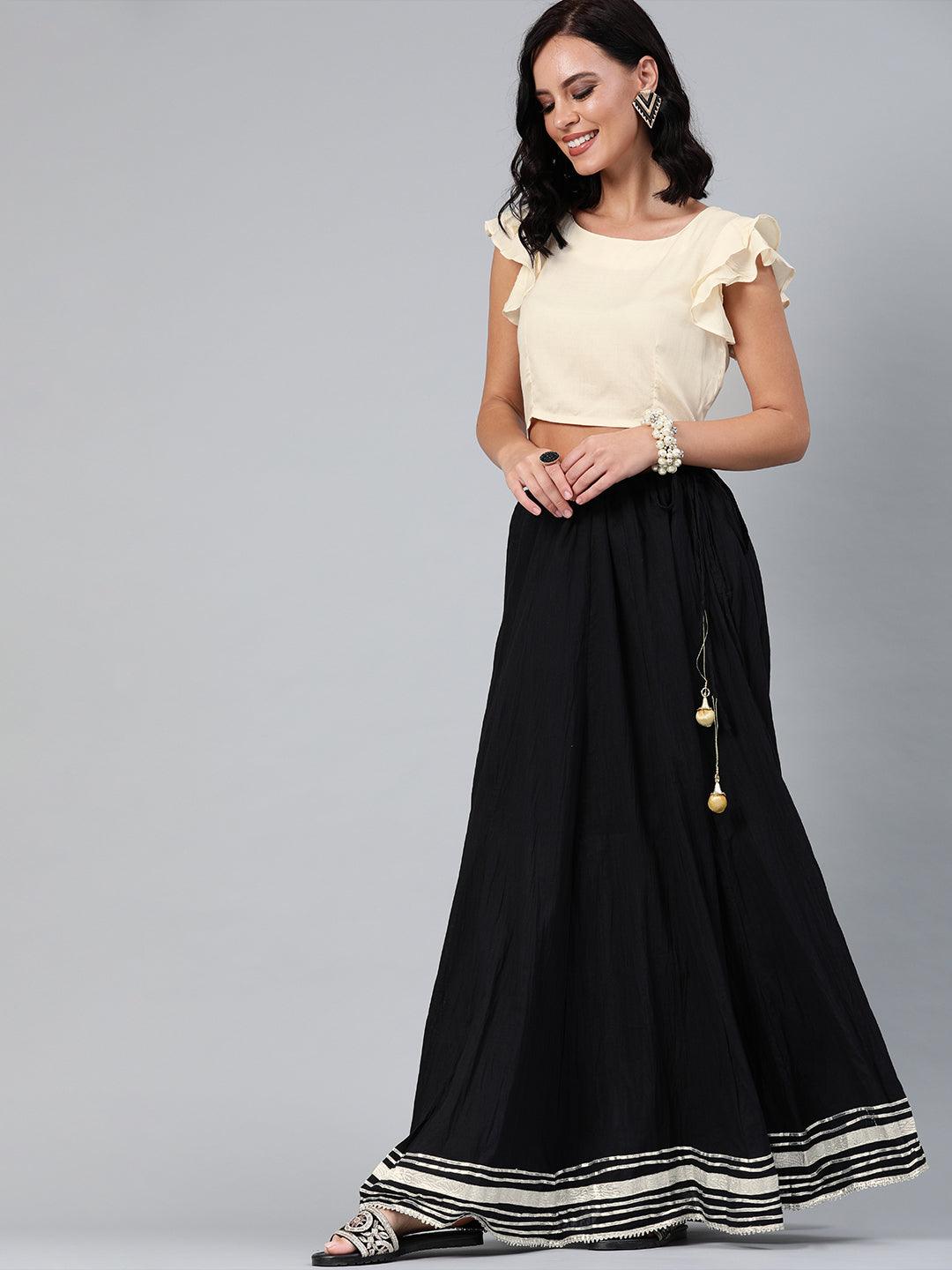 Black Handcrafted Pure Cotton Skirt With Crop Top