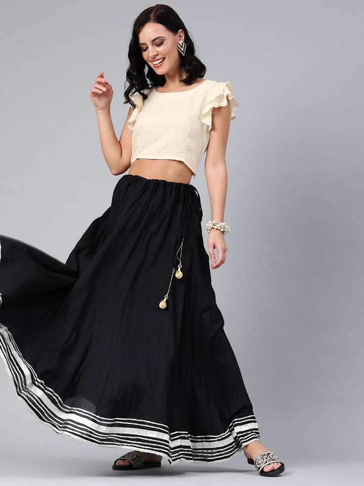 Black Handcrafted Pure Cotton Skirt With Crop Top - Geroo Jaipur