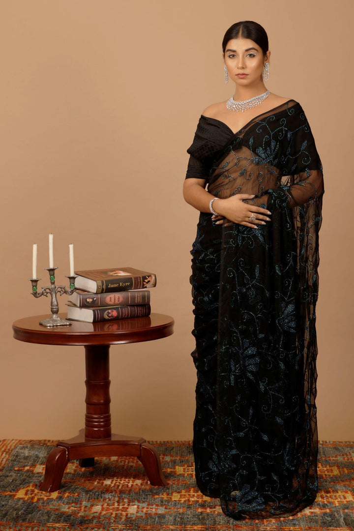 Black Handcrafted Sequins Jaal Chiffon Saree - Geroo Jaipur