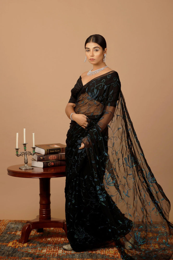 Black Handcrafted Sequins Jaal Chiffon Saree - Geroo Jaipur