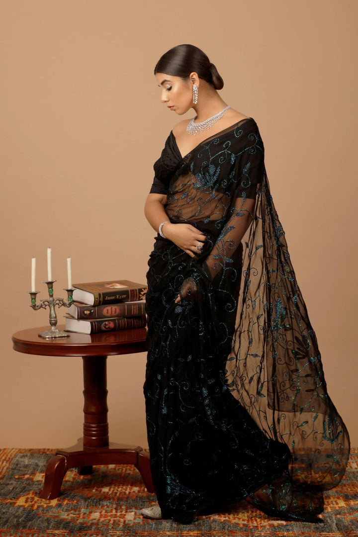 Black Handcrafted Sequins Jaal Chiffon Saree - Geroo Jaipur