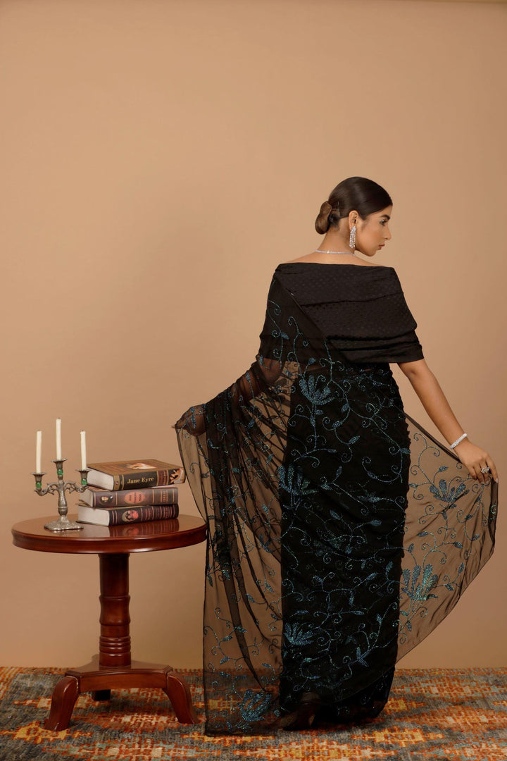 Black Handcrafted Sequins Jaal Chiffon Saree - Geroo Jaipur