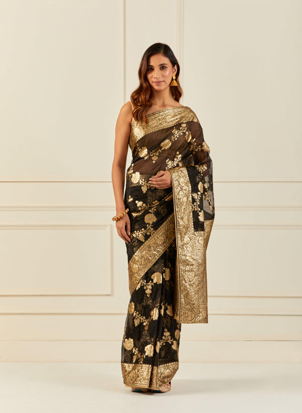 Black Handcrafted Zari Woven Organza Banarasi Saree - Geroo Jaipur