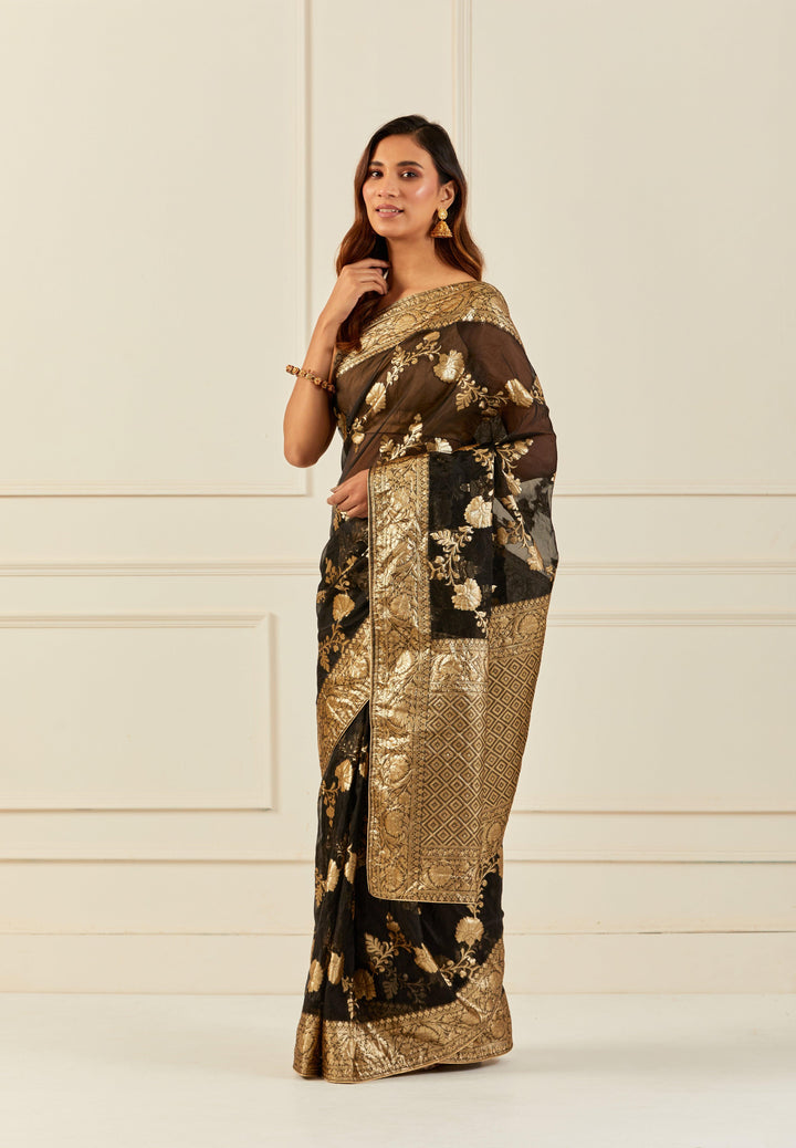 Black Handcrafted Zari Woven Organza Banarasi Saree - Geroo Jaipur