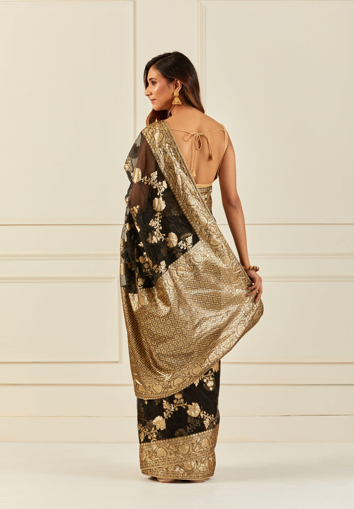 Black Handcrafted Zari Woven Organza Banarasi Saree - Geroo Jaipur