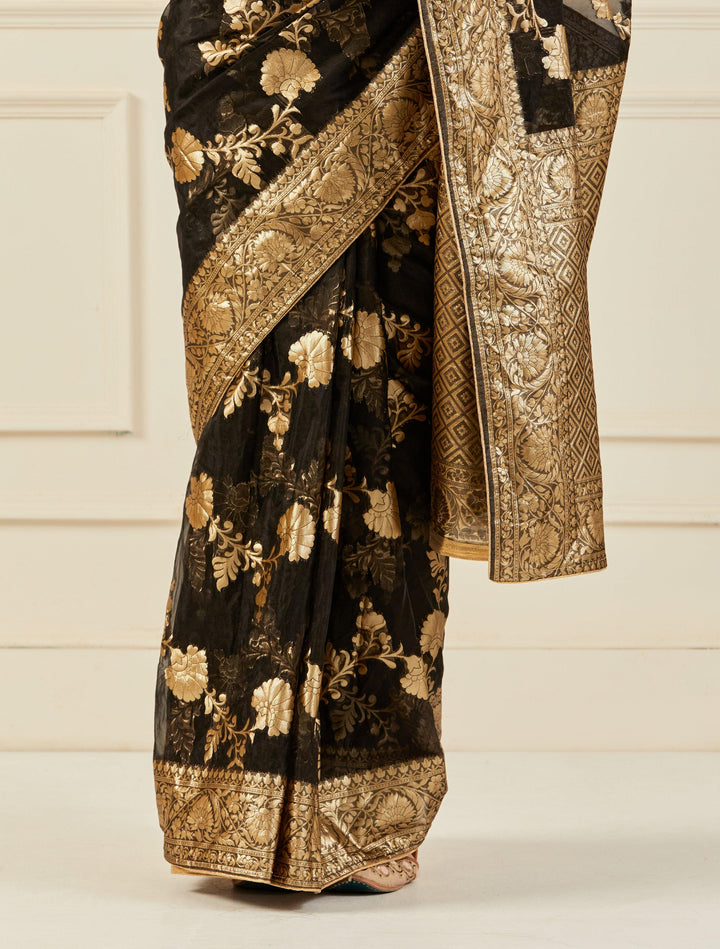 Black Handcrafted Zari Woven Organza Banarasi Saree - Geroo Jaipur