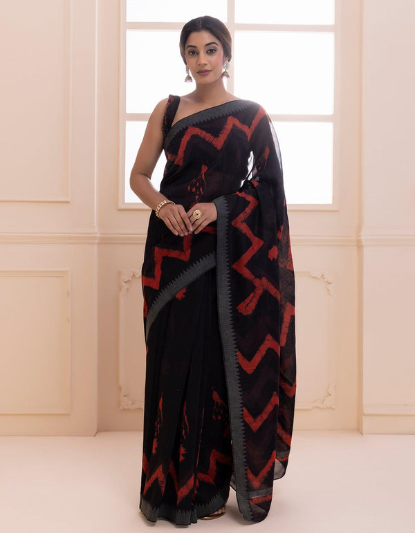 Black-Red Pure Chanderi Hand Block Printed Temple Border Saree - Geroo Jaipur