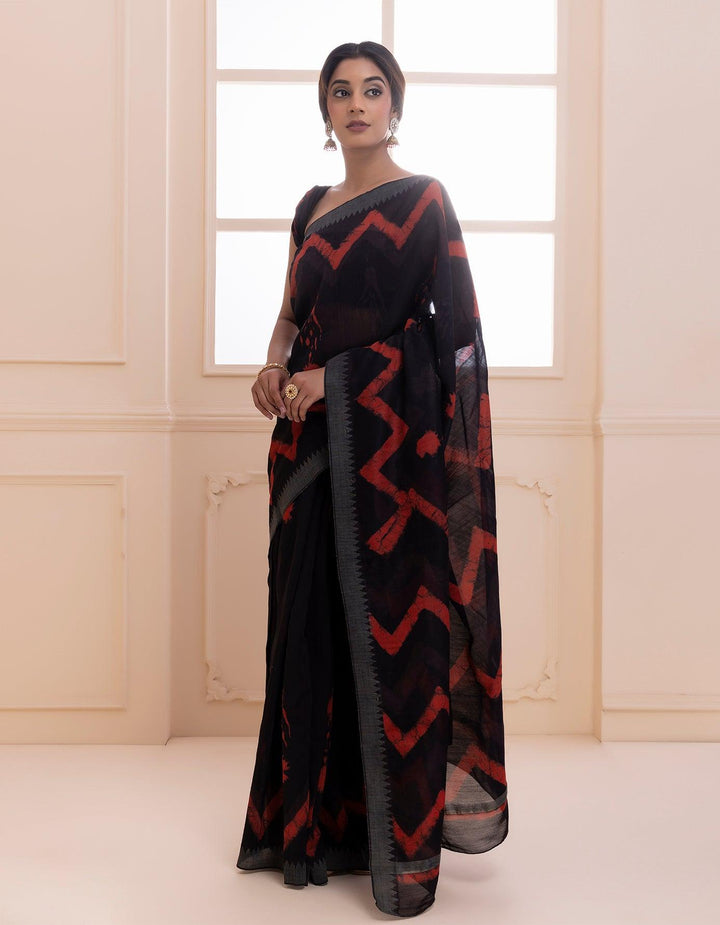 Black-Red Pure Chanderi Hand Block Printed Temple Border Saree - Geroo Jaipur