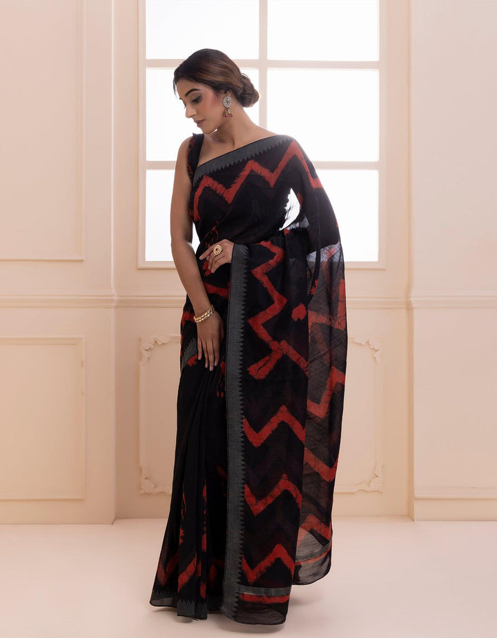 Black-Red Pure Chanderi Hand Block Printed Temple Border Saree - Geroo Jaipur