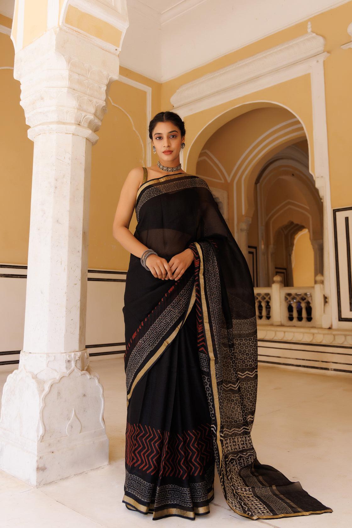 LINEN HAND BLOCK PRINT SAREE – Royskart