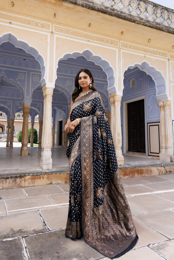 Black silk banarasi bandhani saree - Geroo Jaipur