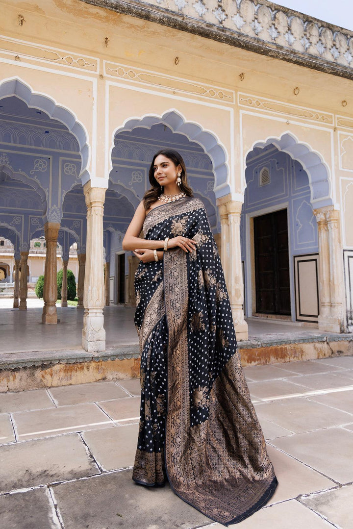 Black silk banarasi bandhani saree - Geroo Jaipur