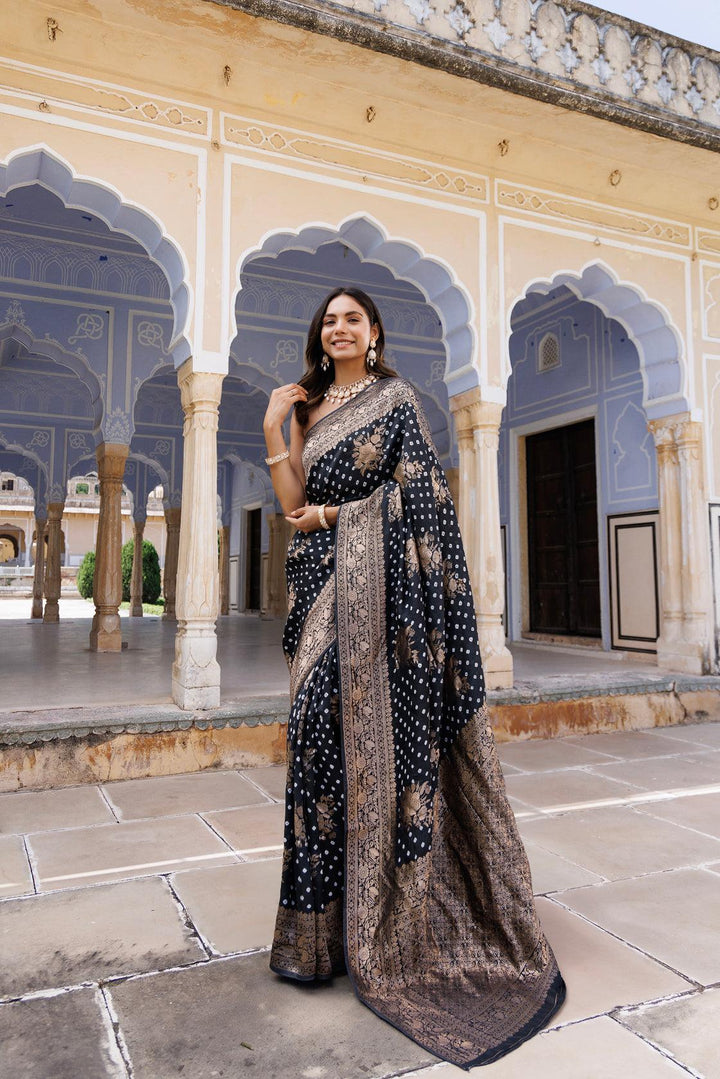 Black silk banarasi bandhani saree - Geroo Jaipur