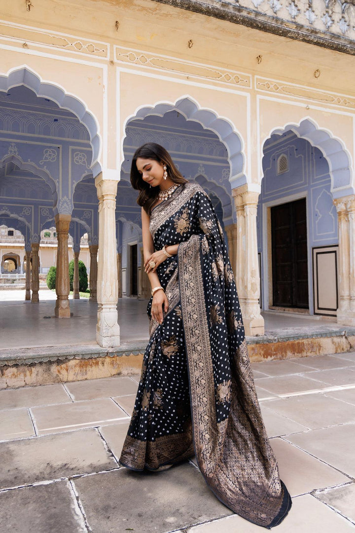 Black silk banarasi bandhani saree - Geroo Jaipur