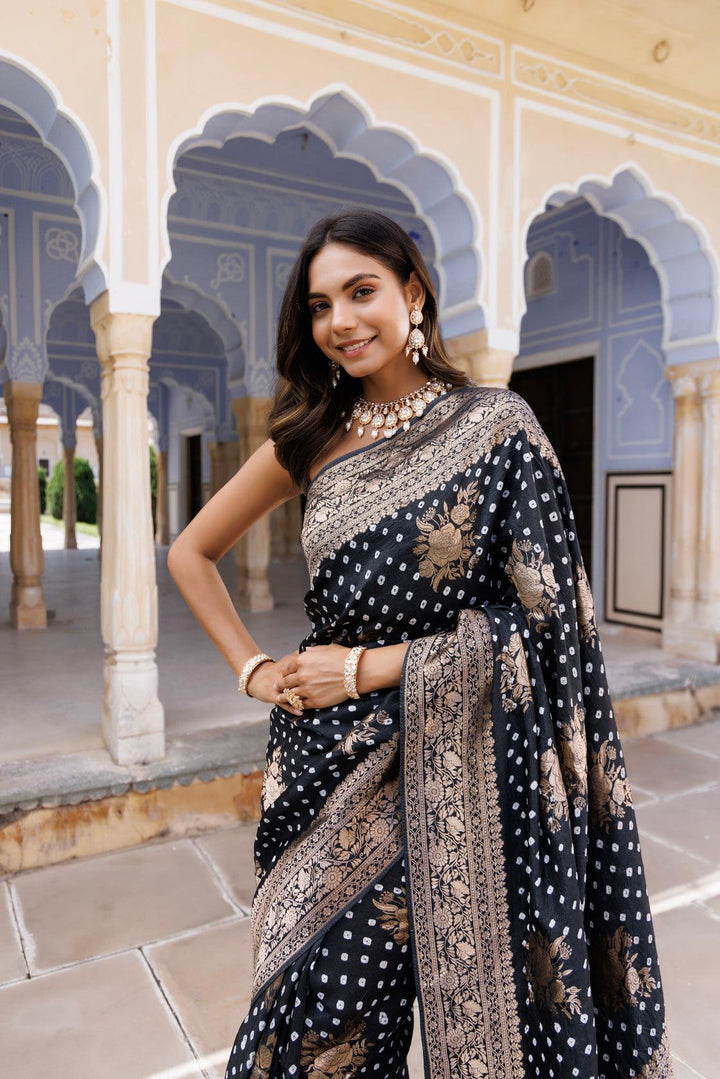 Black silk banarasi bandhani saree - Geroo Jaipur