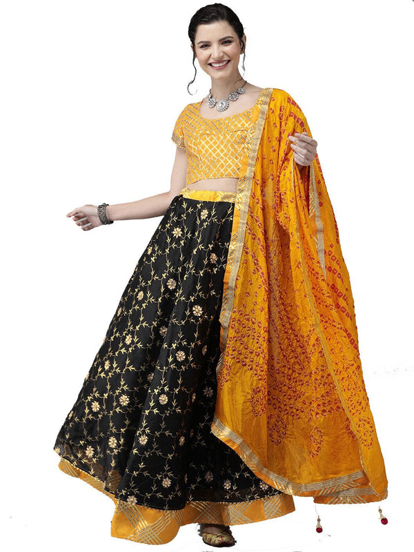 Black Stitched Handcrafted Kota Silk Lehenga With Yellow Bandhani Dupatta - Geroo Jaipur