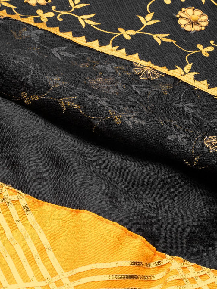 Black Stitched Handcrafted Kota Silk Lehenga With Yellow Bandhani Dupatta - Geroo Jaipur