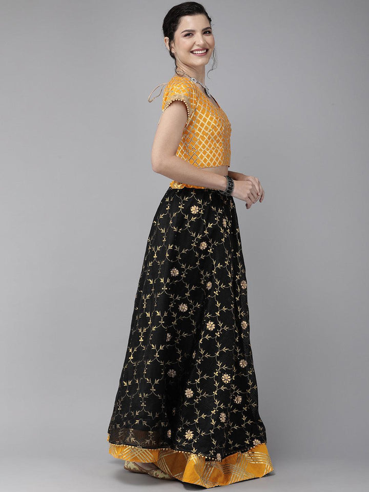 Black Stitched Handcrafted Kota Silk Lehenga With Yellow Bandhani Dupatta - Geroo Jaipur