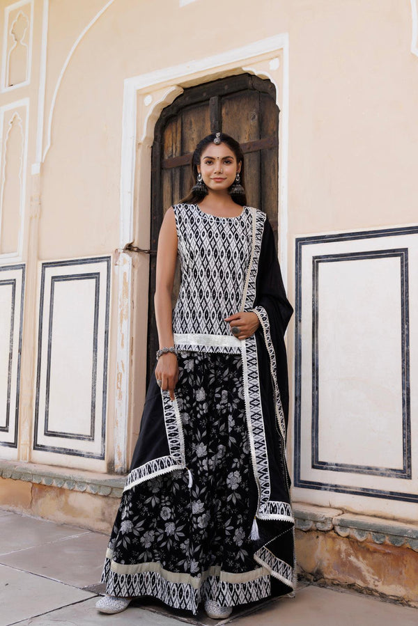 Black-White Pure Cotton Hand Block Printed Skirt Set - Geroo Jaipur