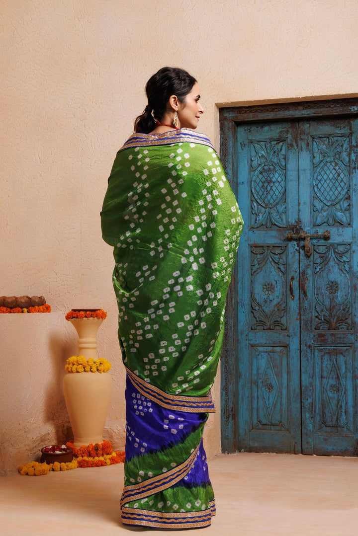 Blue-Green Bandhani Drapped Silk Saree - Geroo Jaipur