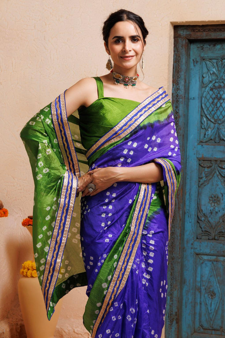 Blue-Green Bandhani Drapped Silk Saree - Geroo Jaipur