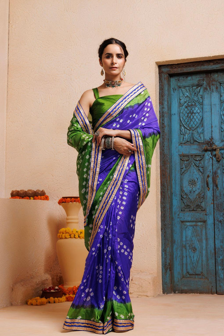 Blue-Green Bandhani Drapped Silk Saree - Geroo Jaipur