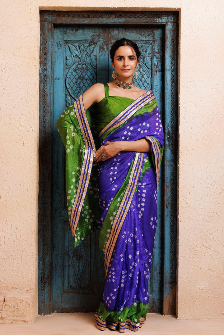 Blue-Green Bandhani Drapped Silk Saree - Geroo Jaipur