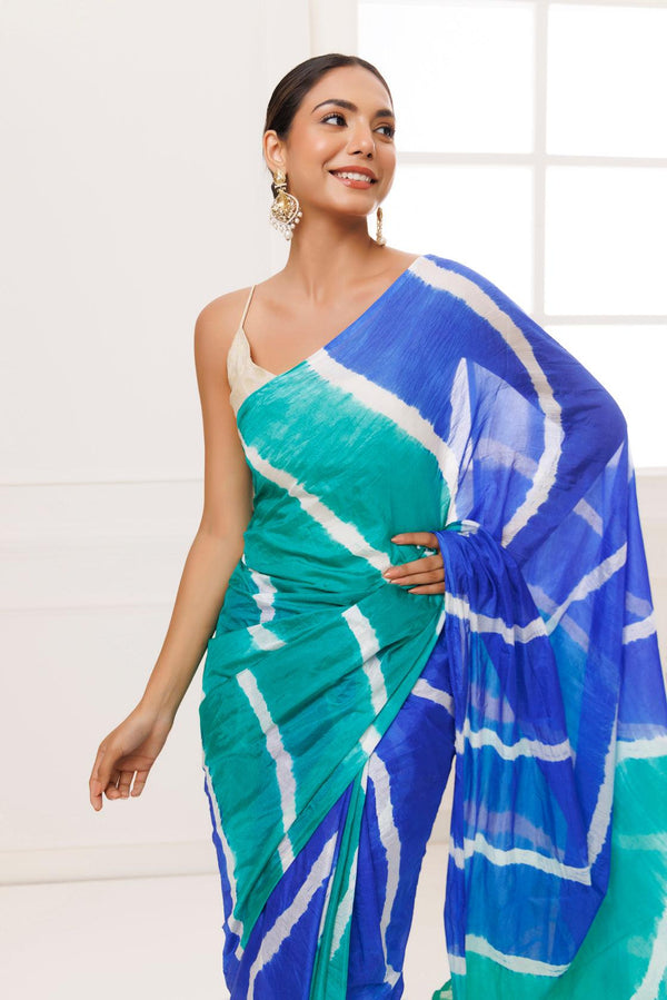 Blue-Green Tabby Silk Hand Dyed Leheriya Saree - Geroo Jaipur