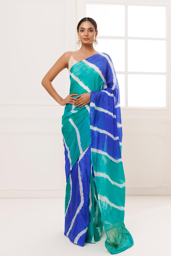 Blue-Green Tabby Silk Hand Dyed Leheriya Saree - Geroo Jaipur