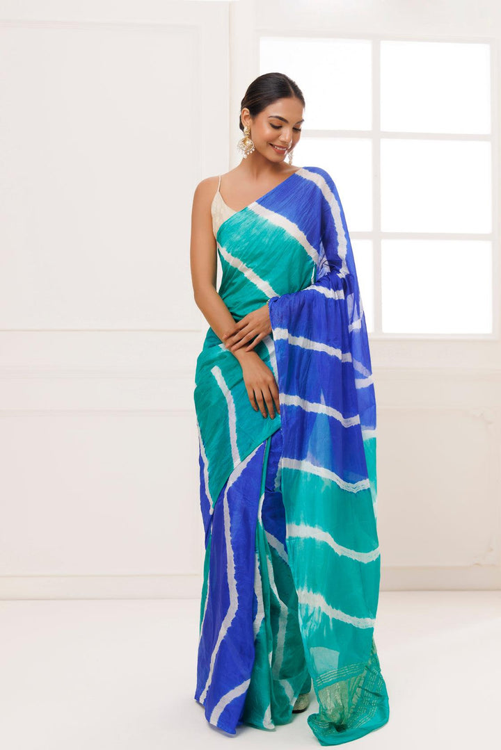 Blue-Green Tabby Silk Hand Dyed Leheriya Saree - Geroo Jaipur