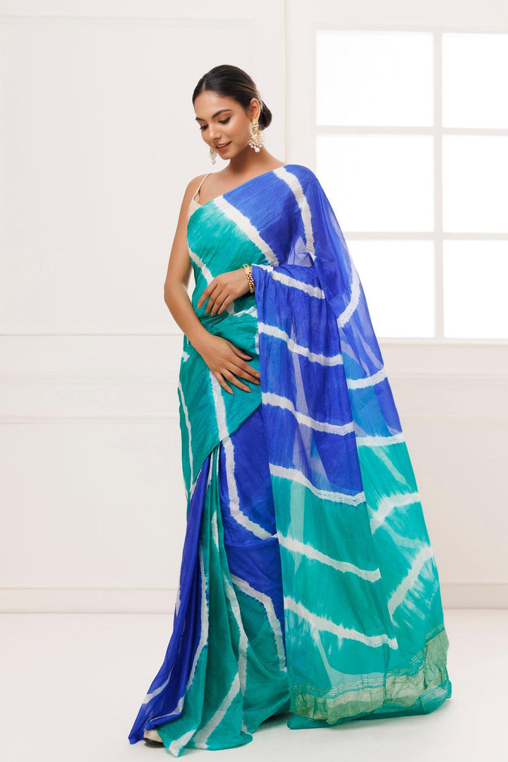 Blue-Green Tabby Silk Hand Dyed Leheriya Saree - Geroo Jaipur