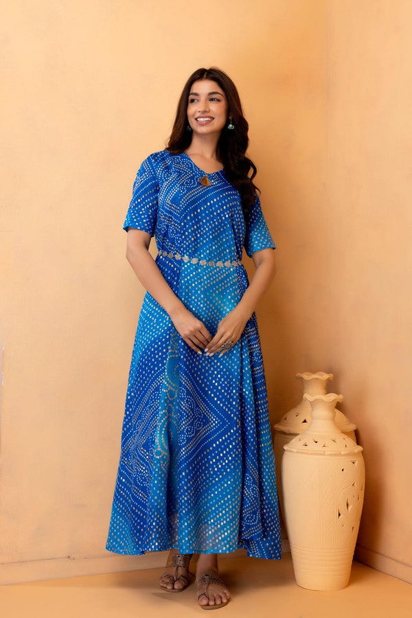 Blue Hand Dyed Kota Silk Bandhani Dress - Geroo Jaipur