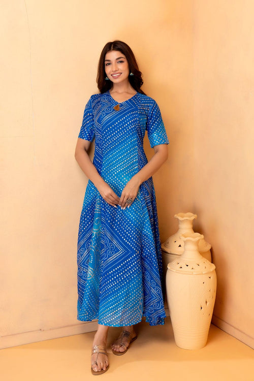 Blue Hand Dyed Kota Silk Bandhani Dress - Geroo Jaipur